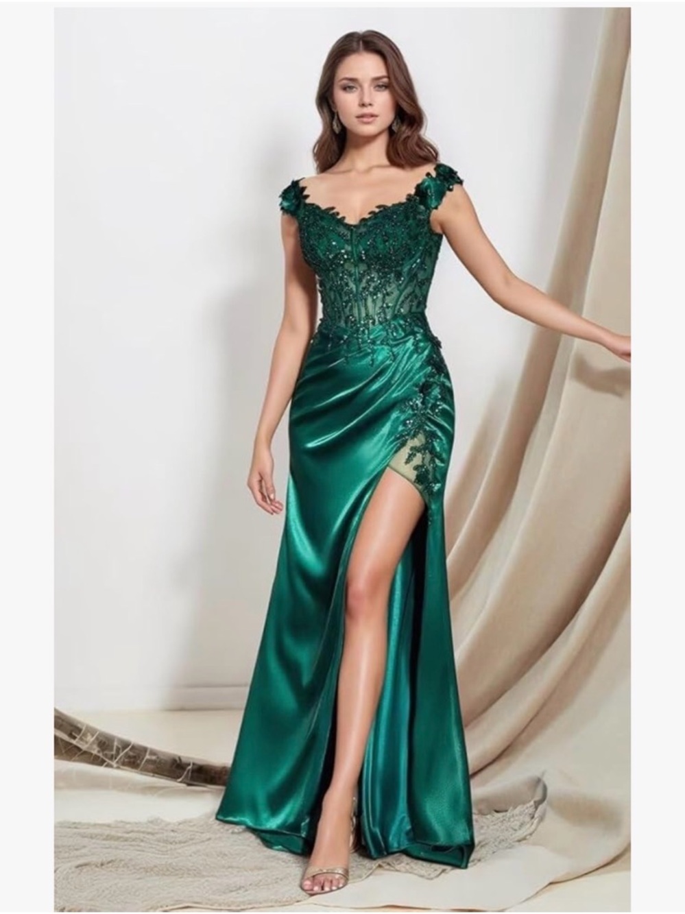 Emerald Green Off-Shoulder Evening Gown